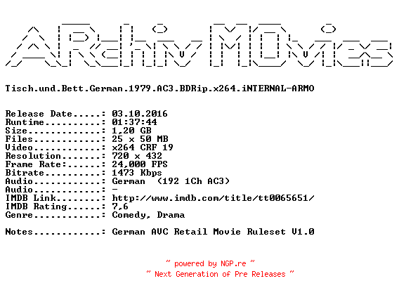 NFO for the release Tisch.und.Bett.German.1979.AC3.BDRip.x264.iNTERNAL-ARMO by ARMO