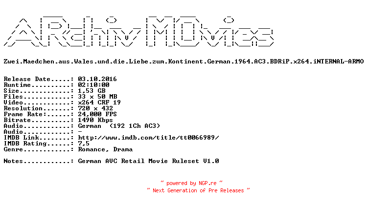 NFO for the release Zwei.Maedchen.aus.Wales.und.die.Liebe.zum.Kontinent.German.1964.AC3.BDRiP.x264.iNTERNAL-ARMO by ARMO