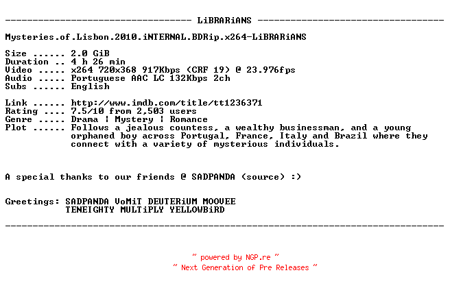 NFO for the release Mysteries.of.Lisbon.2010.iNTERNAL.BDRip.x264-LiBRARiANS by LiBRARiANS