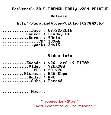 NFO for the release Backtrack.2015.FRENCH.BDRip.x264-PRiDEHD by PRiDEHD