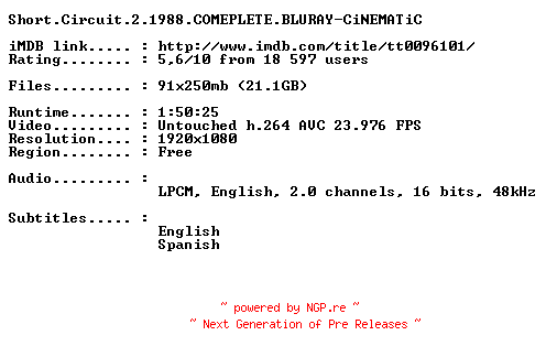 NFO for the release Short.Circuit.2.1988.COMEPLETE.BLURAY-CiNEMATiC by CiNEMATiC