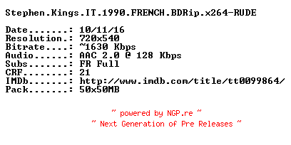 NFO for the release Stephen.Kings.IT.1990.FRENCH.BDRip.x264-RUDE by RUDE