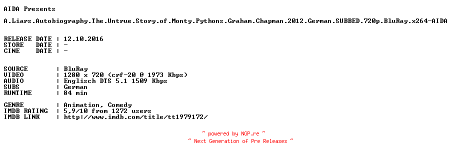NFO for the release A.Liars.Autobiography.The.Untrue.Story.of.Monty.Pythons.Graham.Chapman.2012.German.SUBBED.720p.BluRay.x264-AIDA by AIDA