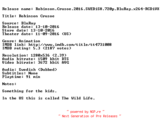 NFO for the release Robinson.Crusoe.2016.SWEDiSH.720p.BluRay.x264-RCDiVX by RCDiVX