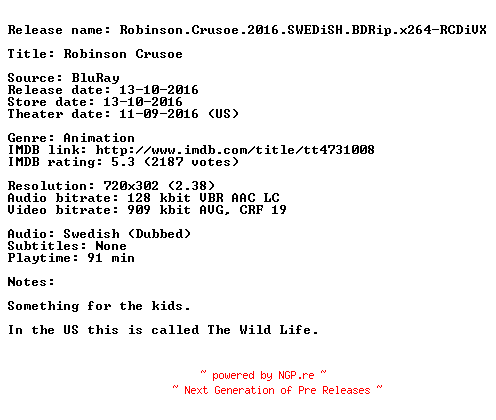 NFO for the release Robinson.Crusoe.2016.SWEDiSH.BDRip.x264-RCDiVX by RCDiVX