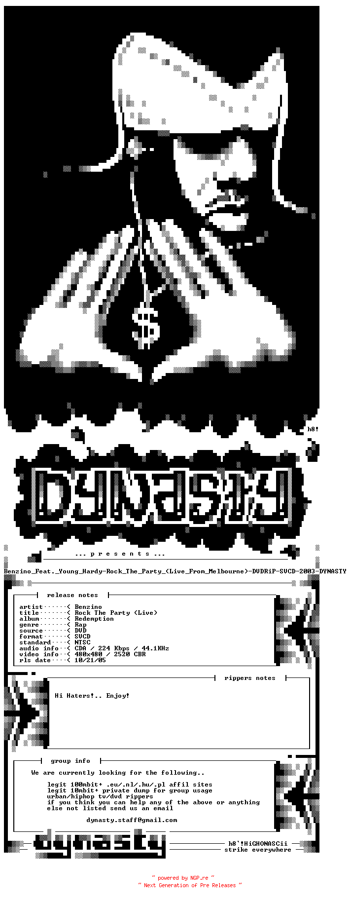 NFO for the release Benzino_Feat._Young_Hardy-Rock_The_Party_(Live_From_Melbourne)-DVDRiP-SVCD-2003-DYNASTY by DYNASTY