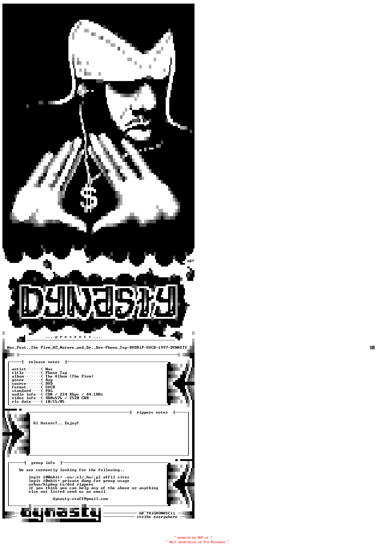 NFO for the release Nas_Feat._The_Firm_AZ_Nature_and_Dr._Dre-Phone_Tap-DVDRiP-SVCD-1997-DYNASTY by DYNASTY