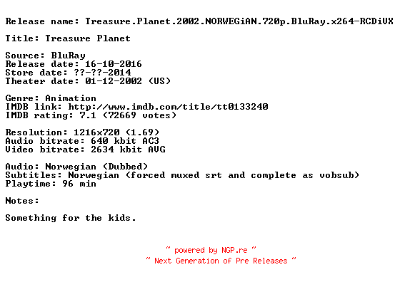 NFO for the release Treasure.Planet.2002.NORWEGiAN.720p.BluRay.x264-RCDiVX by RCDiVX