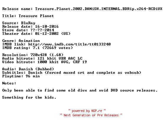 NFO for the release Treasure.Planet.2002.DANiSH.INTERNAL.BDRip.x264-RCDiVX by RCDiVX