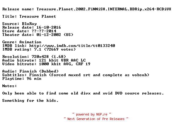 NFO for the release Treasure.Planet.2002.FiNNiSH.INTERNAL.BDRip.x264-RCDiVX by RCDiVX