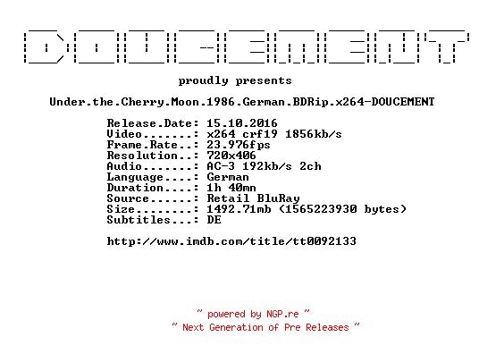 NFO for the release Under.the.Cherry.Moon.1986.German.BDRip.x264-DOUCEMENT by DOUCEMENT