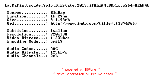NFO for the release La.Mafia.Uccide.Solo.D.Estate.2013.iTALiAN.BDRip.x264-HEEHAW by HEEHAW