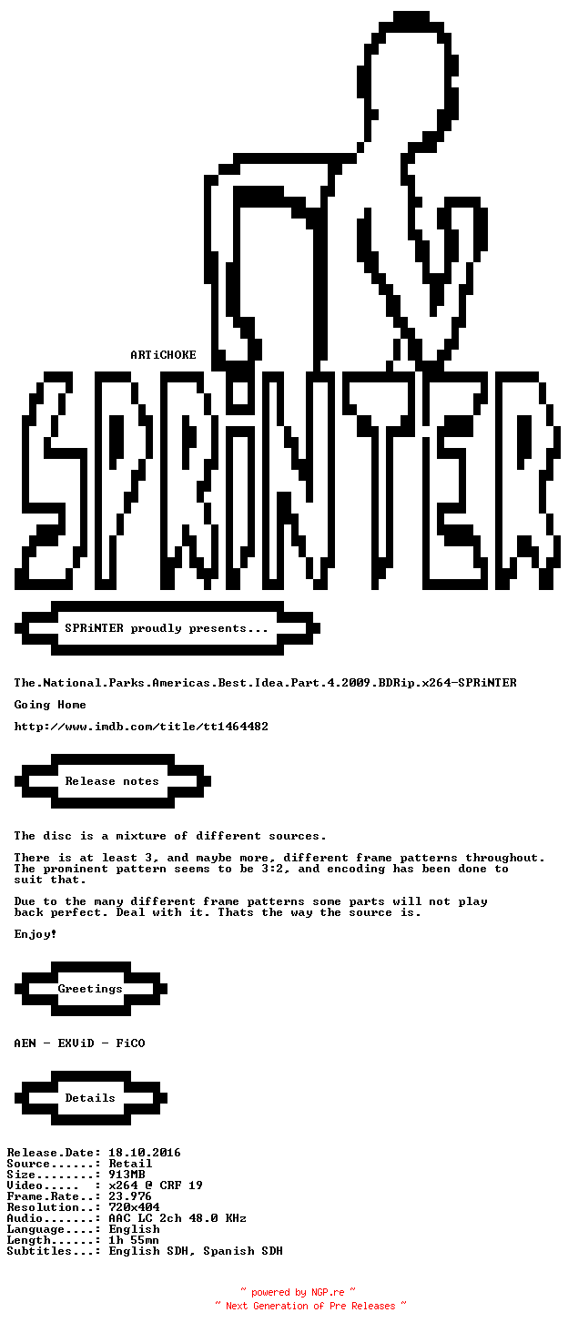 NFO for the release The.National.Parks.Americas.Best.Idea.2009.Part.4.BDRip.x264-SPRiNTER by SPRiNTER