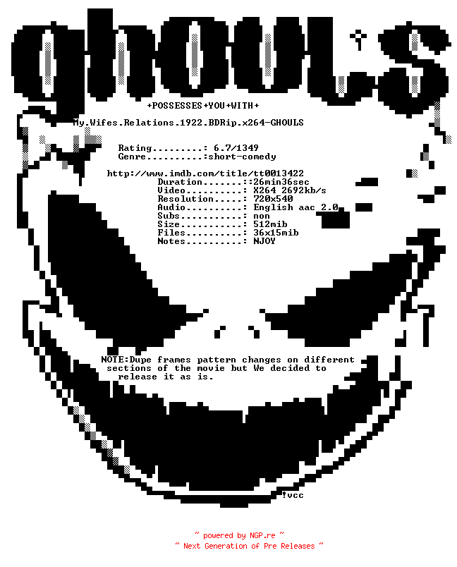 NFO for the release My.Wifes.Relations.1922.BDRip.x264-GHOULS by GHOULS