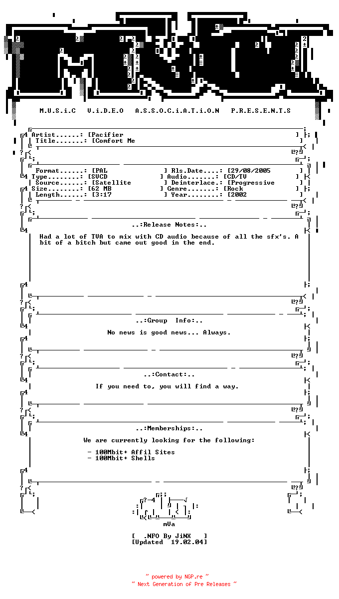 NFO for the release Pacifier-comfort_me-svcd-2002-mVa by mVa