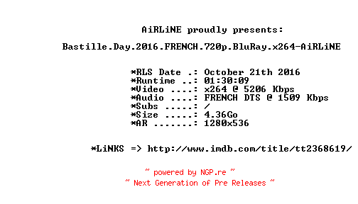 NFO for the release Bastille.Day.2016.FRENCH.720p.BluRay.x264-AiRLiNE by AiRLiNE