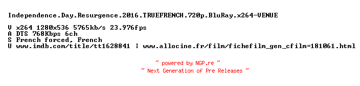 NFO for the release Independence.Day.Resurgence.2016.TRUEFRENCH.720p.BluRay.x264-VENUE by VENUE