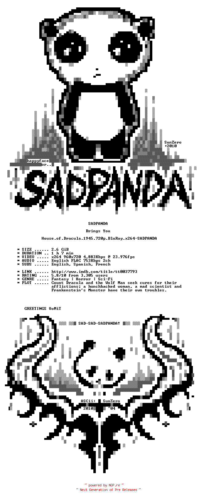 NFO for the release House.of.Dracula.1945.720p.BluRay.x264-SADPANDA by SADPANDA