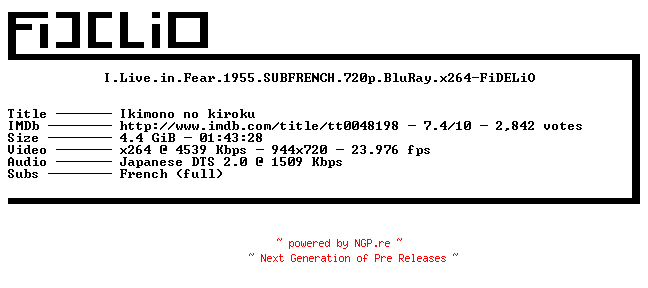 NFO for the release I.Live.in.Fear.1955.SUBFRENCH.720p.BluRay.x264-FiDELiO by FiDELiO