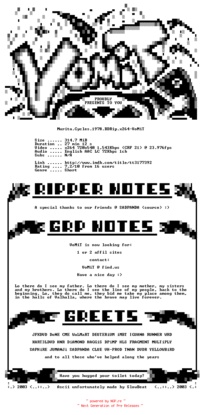 NFO for the release Murita.Cycles.1978.BDRip.x264-VoMiT by VoMiT