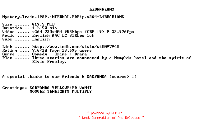 NFO for the release Mystery.Train.1989.iNTERNAL.BDRip.x264-LiBRARiANS by LiBRARiANS