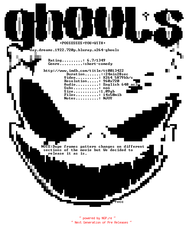 NFO for the release Day.Dreams.1922.720p.BluRay.x264-GHOULS by GHOULS