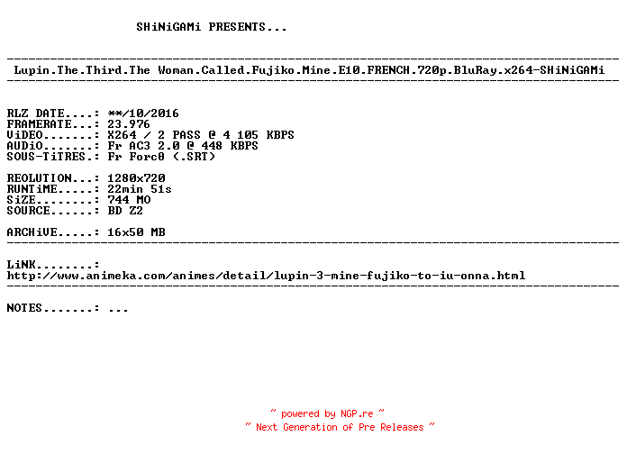 NFO for the release Lupin.The.Third.The.Woman.Called.Fujiko.Mine.E10.FRENCH.720p.BluRay.x264-SHiNiGAMi by SHiNiGAMi