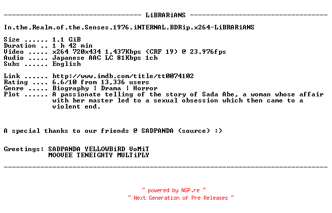 NFO for the release In.the.Realm.of.the.Senses.1976.iNTERNAL.BDRip.x264-LiBRARiANS by LiBRARiANS
