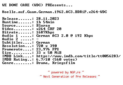 NFO for the release Hoelle.auf.Guam.German.1962.AC3.BDRiP.x264-WDC by WDC