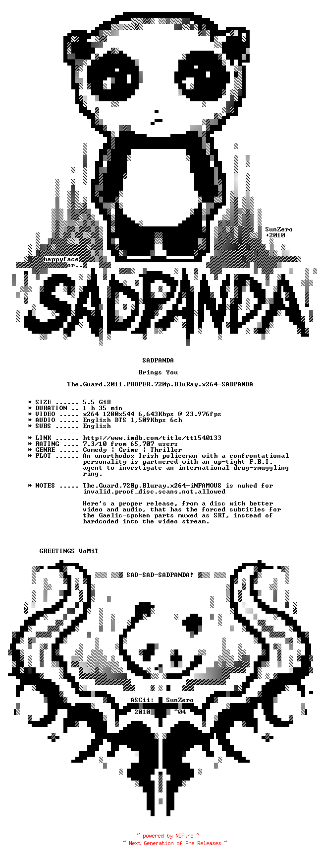 NFO for the release The.Guard.2011.PROPER.720p.BluRay.x264-SADPANDA by SADPANDA