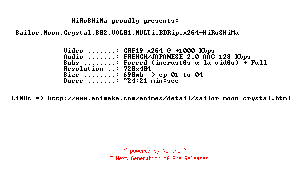 NFO for the release Sailor.Moon.Crystal.S02.VOL01.MULTi.BDRip.x264-HiRoSHiMa by HiRoSHiMa