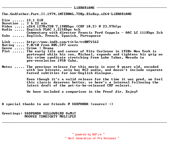 NFO for the release The.Godfather.Part.II.1974.iNTERNAL.720p.BluRay.x264-LiBRARiANS by LiBRARiANS