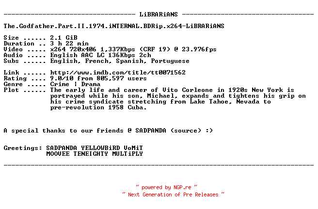 NFO for the release The.Godfather.Part.II.1974.iNTERNAL.BDRip.x264-LiBRARiANS by LiBRARiANS