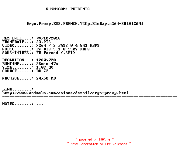 NFO for the release Ergo.Proxy.E08.FRENCH.720p.BluRay.x264-SHiNiGAMi by SHiNiGAMi