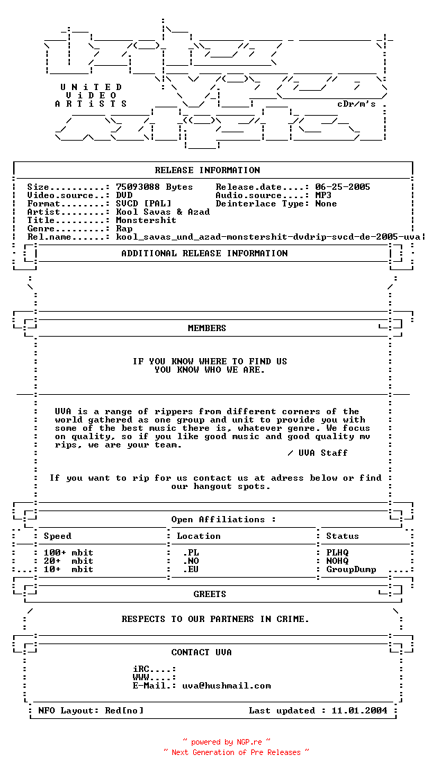 NFO for the release Kool_savas_und_azad-monstershit-dvdrip-svcd-de-2005-uva by uva