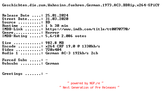 NFO for the release Geschichten.die.zum.Wahnsinn.fuehren.German.1973.AC3.BDRip.x264-SPiCY by SPiCY