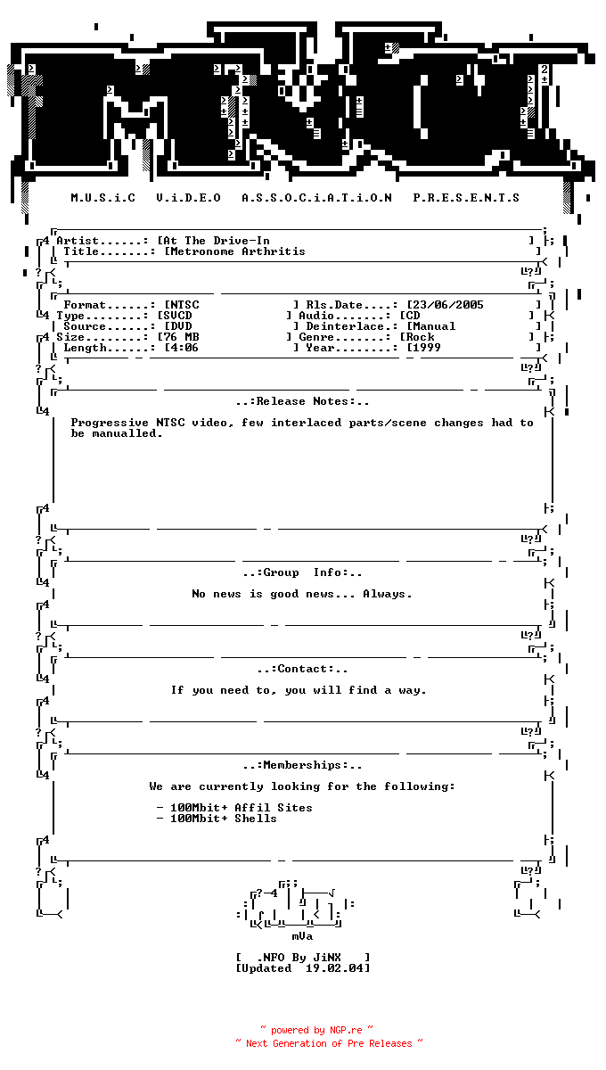 NFO for the release At_the_drive-in-metronome_arthritis-dvdrip-svcd-1999-mVa by mVa