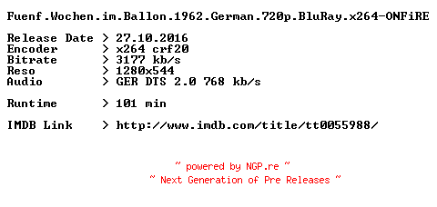 NFO for the release Fuenf.Wochen.im.Ballon.1962.German.720p.BluRay.x264-ONFiRE by ONFiRE