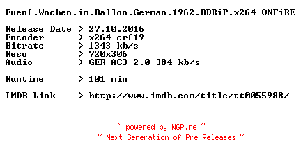 NFO for the release Fuenf.Wochen.im.Ballon.German.1962.BDRiP.x264-ONFiRE by ONFiRE