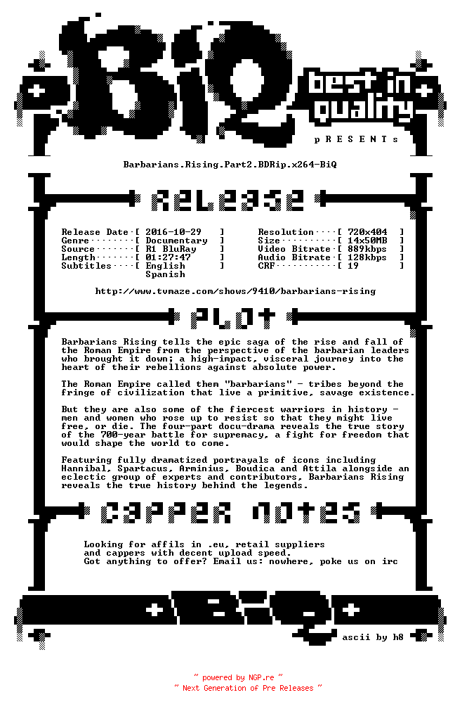 NFO for the release Barbarians.Rising.Part2.BDRip.x264-BiQ by BiQ