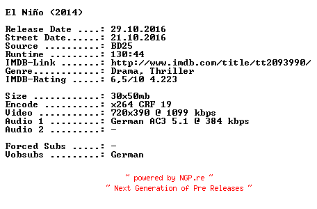 NFO for the release El.Nino.Jagd.vor.Gibraltar.German.2014.AC3.BDRip.x264-SPiCY by SPiCY