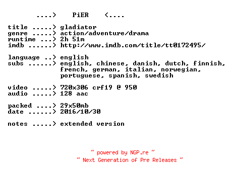 NFO for the release Gladiator.2000.iNTERNAL.EXTENDED.BDRip.x264-PiER by PiER