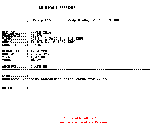 NFO for the release Ergo.Proxy.E15.FRENCH.720p.BluRay.x264-SHiNiGAMi by SHiNiGAMi