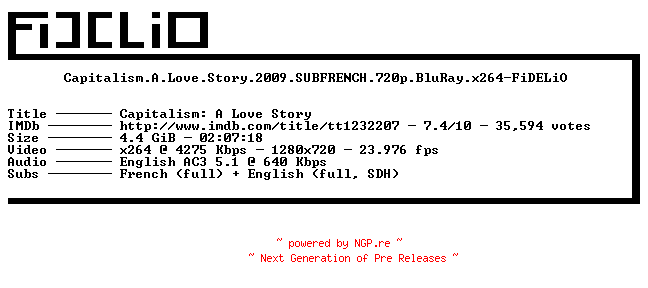 NFO for the release Capitalism.A.Love.Story.2009.SUBFRENCH.720p.BluRay.x264-FiDELiO by FiDELiO