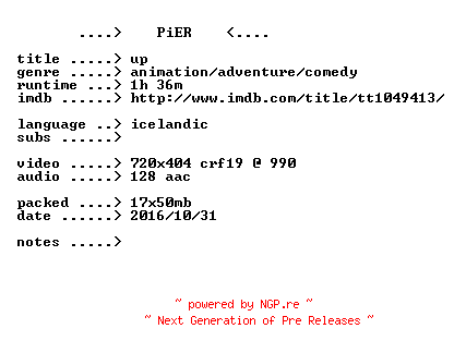 NFO for the release Up.2009.iCELANDiC.BDRip.x264-PiER by PiER