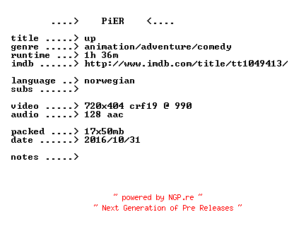 NFO for the release Up.2009.iNTERNAL.NORWEGiAN.BDRip.x264-PiER by PiER