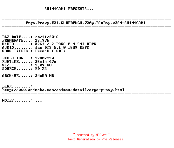 NFO for the release Ergo.Proxy.E21.SUBFRENCH.720p.BluRay.x264-SHiNiGAMi by SHiNiGAMi