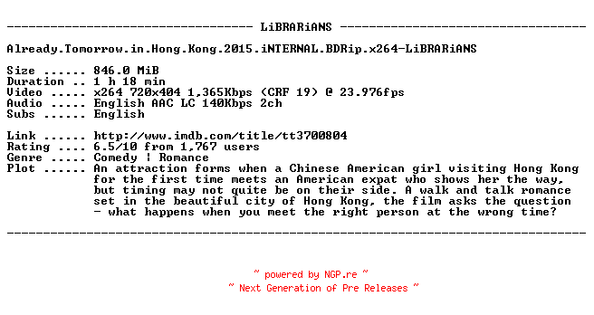 NFO for the release Already.Tomorrow.in.Hong.Kong.2015.iNTERNAL.BDRip.x264-LiBRARiANS by LiBRARiANS
