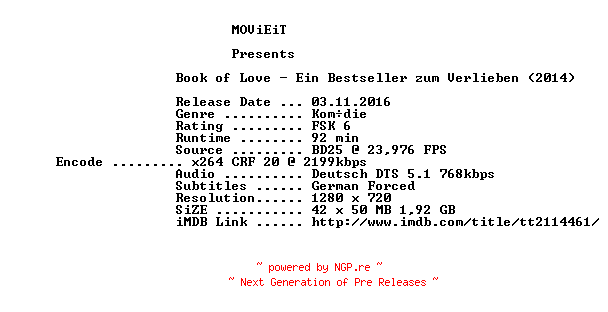 NFO for the release Book.of.Love.2014.German.720p.BluRay.x264-MOViEiT by MOViEiT