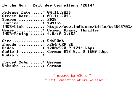 NFO for the release By.the.Gun.Zeit.der.Vergeltung.2014.German.720p.BluRay.x264-SPiCY by SPiCY